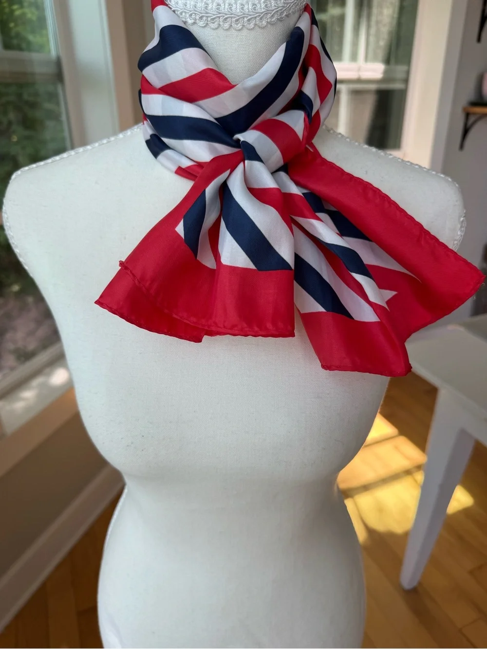 Vintage Red, Navy & White Striped Silk-Feel Rectangular Neck Scarf